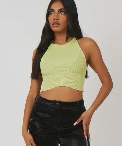 Kaiia CLOTHING KNITTED HIGH NECK RACER CROP TOP LIME