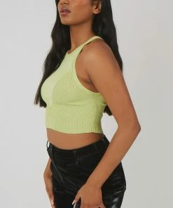 Kaiia CLOTHING KNITTED HIGH NECK RACER CROP TOP LIME