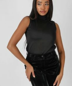 Kaiia SHEER KNIT ROLL NECK TOP IN BLACK CLOTHING
