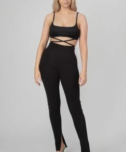 Kaiia SPLIT HEM RIBBED LEGGINGS BLACK CLOTHING