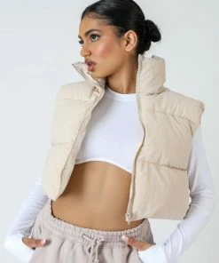 Kaiia CLOTHING CROPPED PUFFER GILET STONE