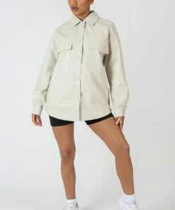 Kaiia VEGAN LEATHER POCKET OVERSIZED SHACKET STONE
