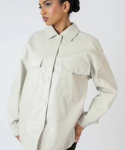 Kaiia VEGAN LEATHER POCKET OVERSIZED SHACKET STONE