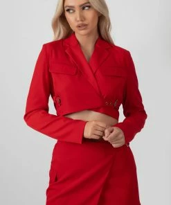 Kaiia BUCKLE DETAIL CROPPED BLAZER RED CLOTHING