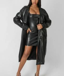 Kaiia LONGLINE PU BELTED TRENCH COAT BLACK CLOTHING