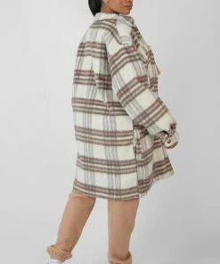 Kaiia CLOTHING LONGLINE SOFT TOUCH CHECK SHACKET ECRU