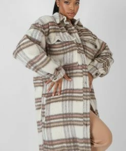 Kaiia CLOTHING LONGLINE SOFT TOUCH CHECK SHACKET ECRU