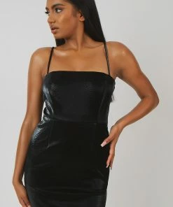 Kaiia SNAKESKIN PU SQUARE NECK MINI DRESS BLACK