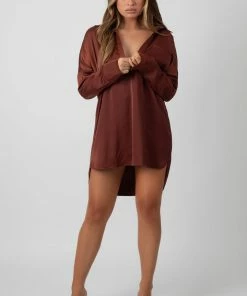 Kaiia SATIN SHIRT DRESS CHOCOLATE CLOTHING