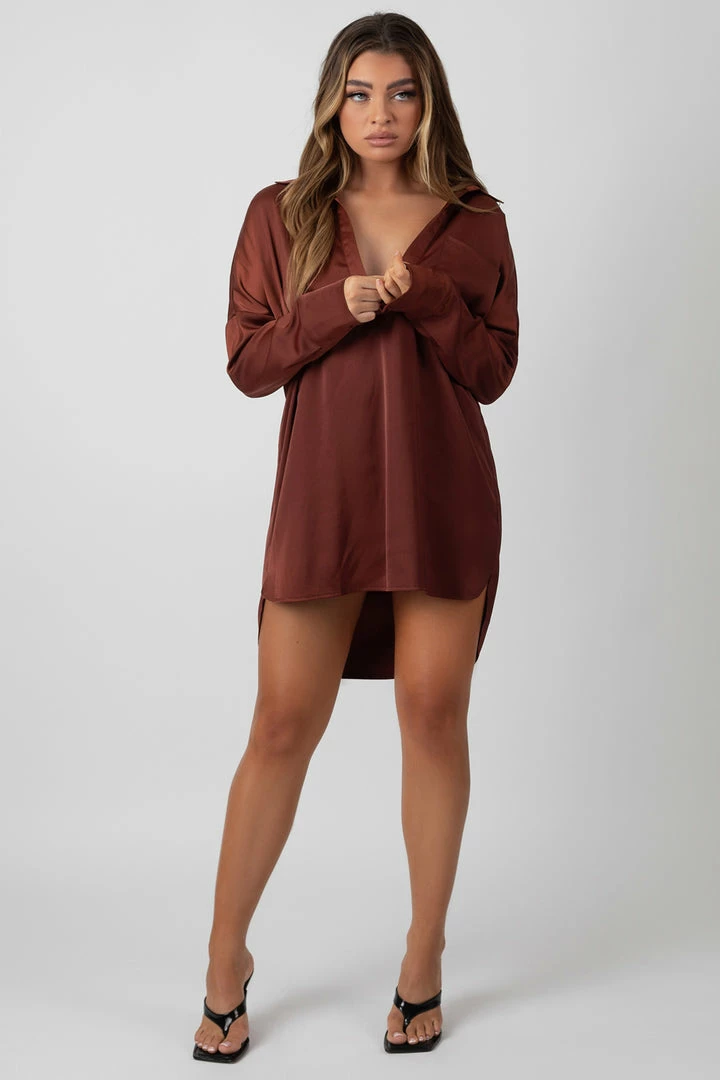 Kaiia SATIN SHIRT DRESS CHOCOLATE CLOTHING 3 Kaiia SATIN SHIRT DRESS CHOCOLATE CLOTHING