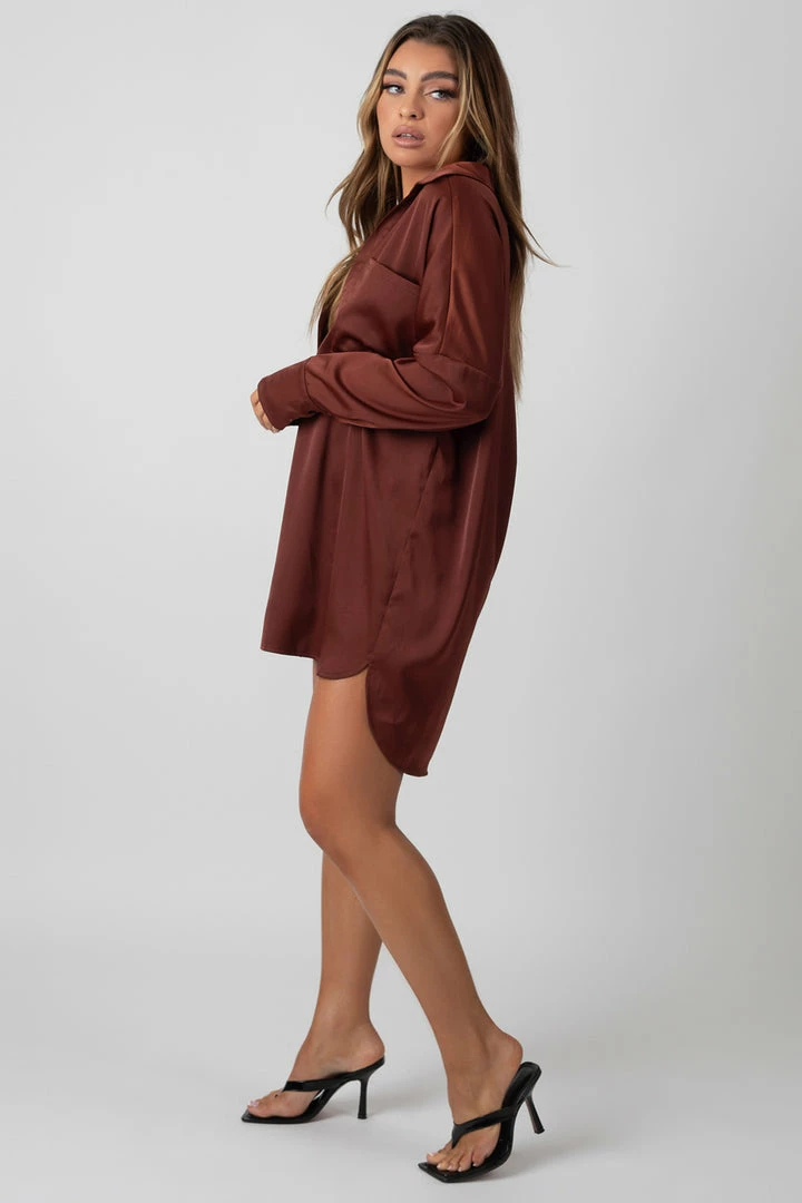 Kaiia SATIN SHIRT DRESS CHOCOLATE CLOTHING 5 Kaiia SATIN SHIRT DRESS CHOCOLATE CLOTHING