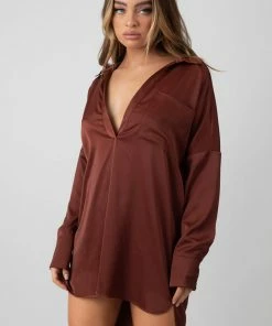 Kaiia SATIN SHIRT DRESS CHOCOLATE CLOTHING
