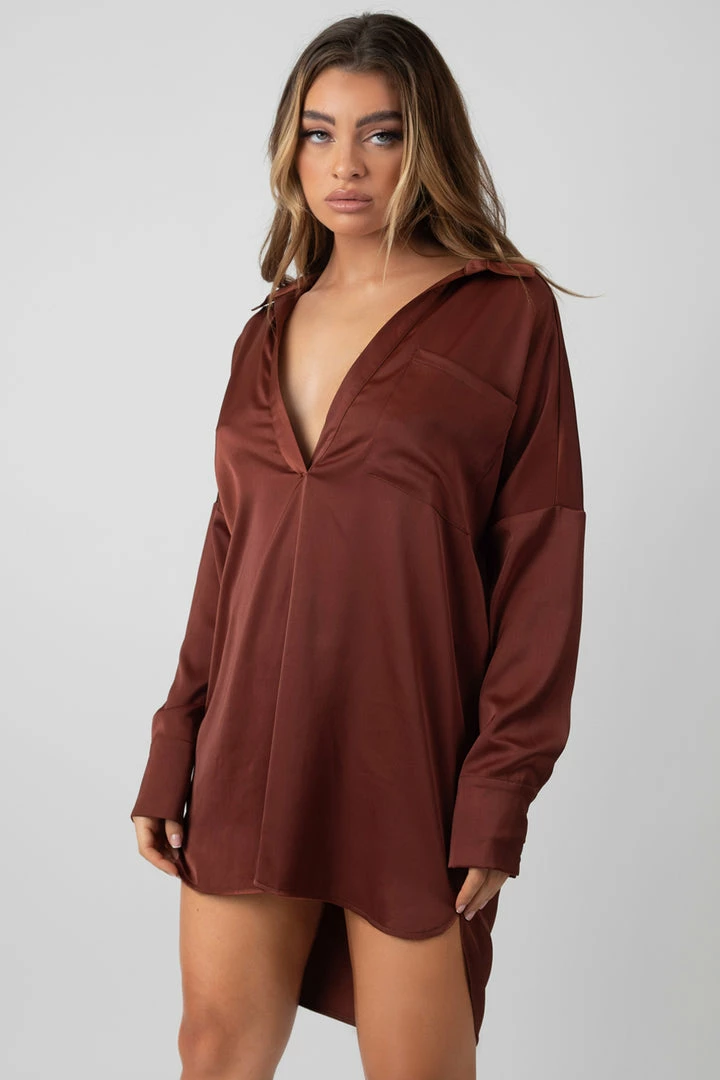 Kaiia SATIN SHIRT DRESS CHOCOLATE CLOTHING 4 Kaiia SATIN SHIRT DRESS CHOCOLATE CLOTHING