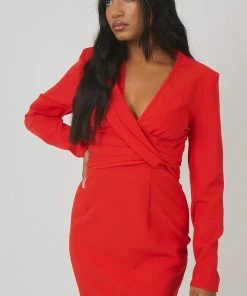 Kaiia PLUNGE FRONT DRAPE DRESS RED