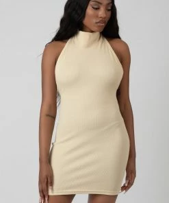 Kaiia HIGH NECK BACKLESS DRESS BUTTER