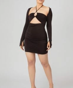 Kaiia SLINKY RUCH BUST CUT OUT LONG SLEEVED DRESS CHOCOLATE