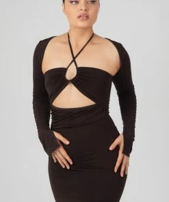 Kaiia SLINKY RUCH BUST CUT OUT LONG SLEEVED DRESS CHOCOLATE