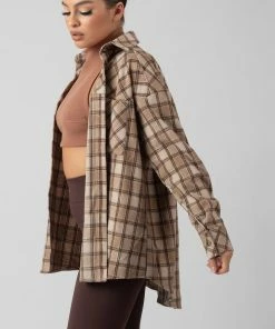 Kaiia CLOTHING CHECK SHIRT IN CAMEL WITH BUTTON FASTENING