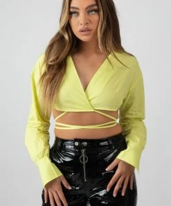 Kaiia WRAP POPLIN CROPPED SHIRT LIME