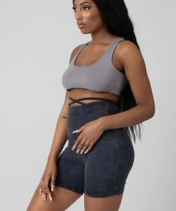 Kaiia TIE WAIST CYCLING SHORTS ACID WASH CLOTHING