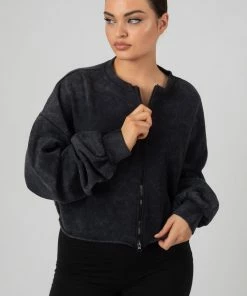Kaiia DOUBLE ENDED ZIP CROPPED SWEAT ACID WASH CLOTHING