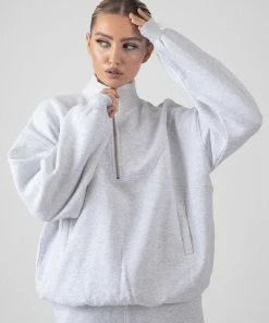 Kaiia OVERSIZED HALF ZIP POCKET FRONT SWEATSHIRT OATMEAL MARL