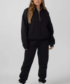 Kaiia CLOTHING OVERSIZED HALF ZIP POCKET FRONT SWEATSHIRT BLACK
