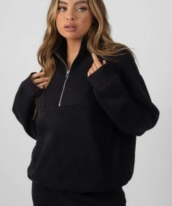 Kaiia CLOTHING OVERSIZED HALF ZIP POCKET FRONT SWEATSHIRT BLACK