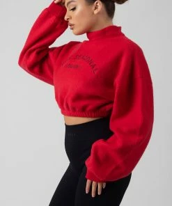 Kaiia OVERSIZED High Neck Embroidered Slogan CROPped SWEATshirt RED CLOTHING
