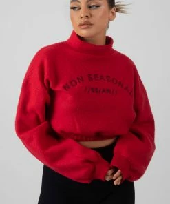 Kaiia OVERSIZED High Neck Embroidered Slogan CROPped SWEATshirt RED CLOTHING
