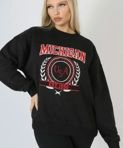 Kaiia MICHIGAN EMBROIDERED SLOGAN OVERSIZED SWEATSHIRT BLACK CLOTHING