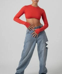 Kaiia LONG SLEEVE UNDERBUST TOP RED CLOTHING