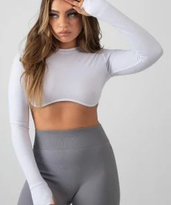 Kaiia CLOTHING LONG SLEEVE UNDERBUST CROP TOP WHITE