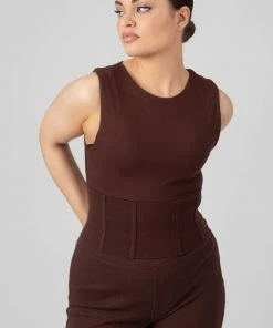 Kaiia CLOTHING CORSET DETAIL TOP CHOCOLATE