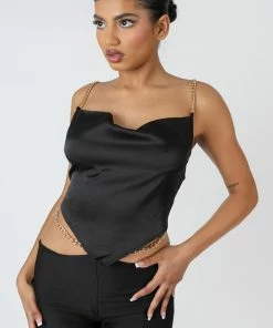 Kaiia CLOTHING CHAIN STRAP HANDKERCHIEF TOP BLACK