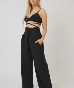 Kaiia TIE WAIST WIDE LEG TROUSERS BLACK