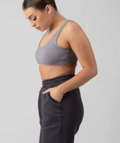 Kaiia CLOTHING RAW HEM SCOOP NECK CROP TOP GREY