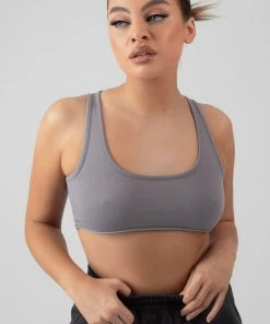 Kaiia CLOTHING RAW HEM SCOOP NECK CROP TOP GREY