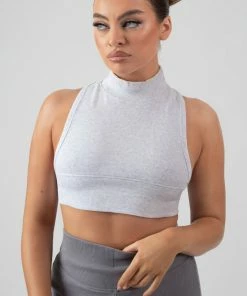 Kaiia HIGH NECK RACER LOW SIDE RIB CROP TOP OATMEAL MARL