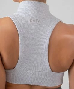 Kaiia HIGH NECK RACER LOW SIDE RIB CROP TOP OATMEAL MARL