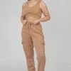 Kaiia ELASTICATED WAIST SWEAT SCOOP NECK CROP TOP CAMEL CLOTHING