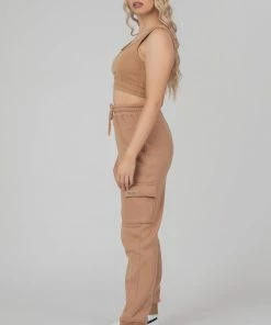 Kaiia ELASTICATED WAIST SWEAT SCOOP NECK CROP TOP CAMEL CLOTHING