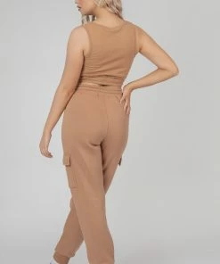 Kaiia ELASTICATED WAIST SWEAT SCOOP NECK CROP TOP CAMEL CLOTHING