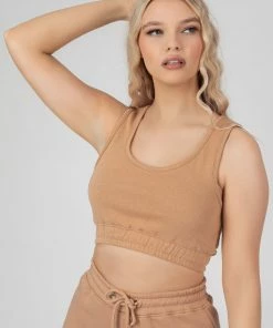 Kaiia ELASTICATED WAIST SWEAT SCOOP NECK CROP TOP CAMEL CLOTHING