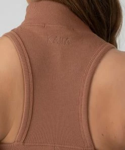 Kaiia CLOTHING HIGH NECK RACER LOW SIDE RIB CROP TOP CINNAMON
