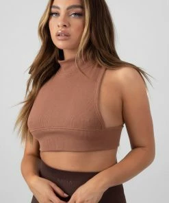 Kaiia CLOTHING HIGH NECK RACER LOW SIDE RIB CROP TOP CINNAMON