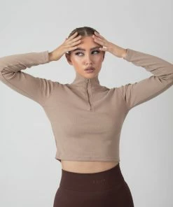 Kaiia CLOTHING HIGH NECK HALF ZIP TOP LIGHT TAUPE