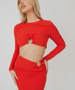 Kaiia LOOP RUCHED METAL HARDWARE CROP TOP RED CLOTHING