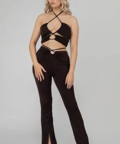 Kaiia SLINKY LOOP RUCHING CROP TOP CHOCOLATE