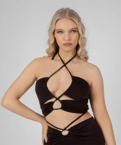 Kaiia SLINKY LOOP RUCHING CROP TOP CHOCOLATE